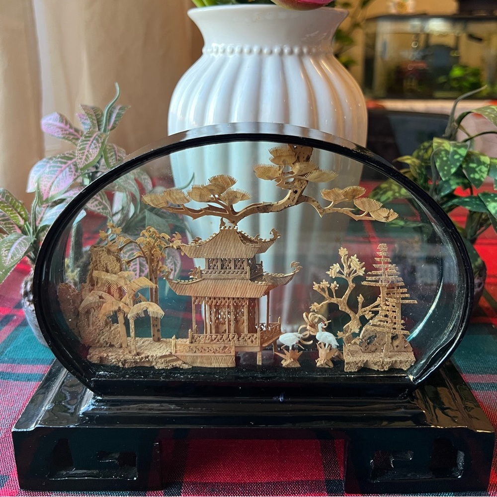 Vintage Chinese Cork Diorama with Pagoda, Intricate Carved Box
